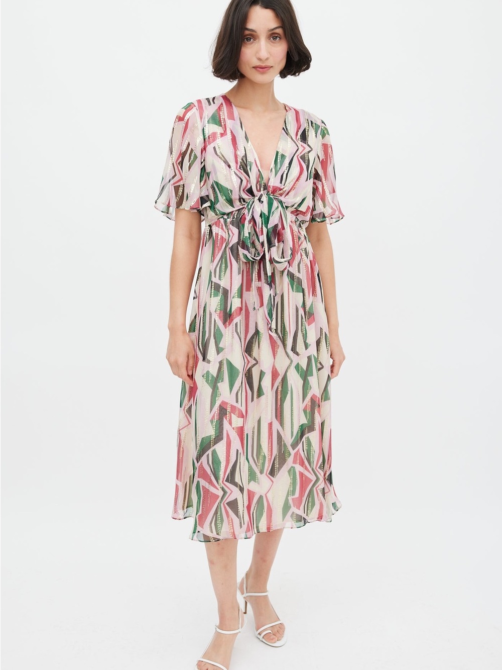 Ba&sh Flutter Sleeve V-Neck Tie Front Chiffon Dress. Size 1